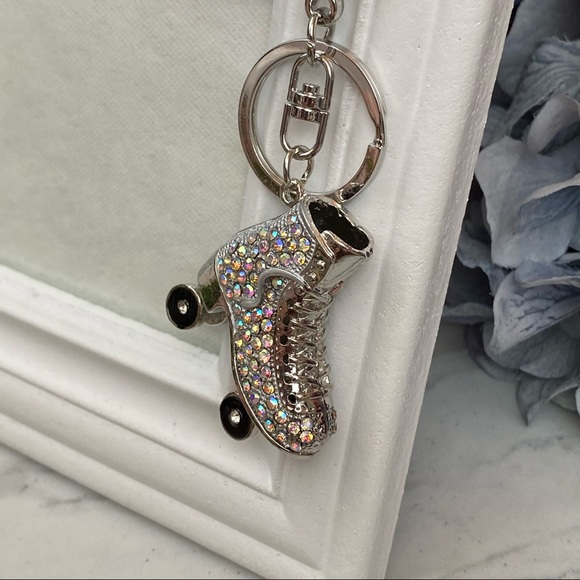Silver Iridescent Crystal Roller Skate Keychain Charm - Picture 4 of 15